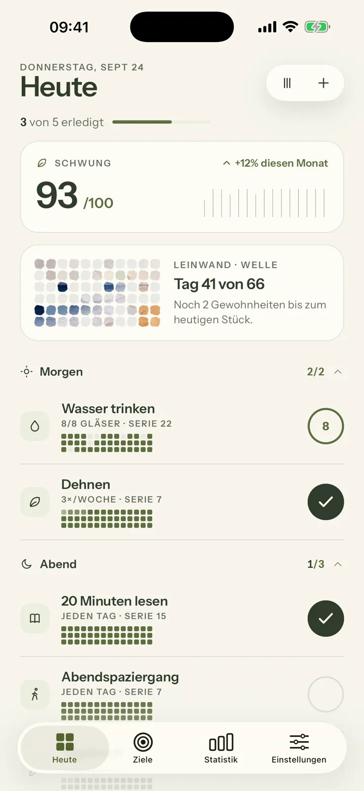 Mosaik, Heute: Schwung 93 von 100, eine Leinwand an Tag 41 von 66 und die erledigten Morgen-Gewohnheiten