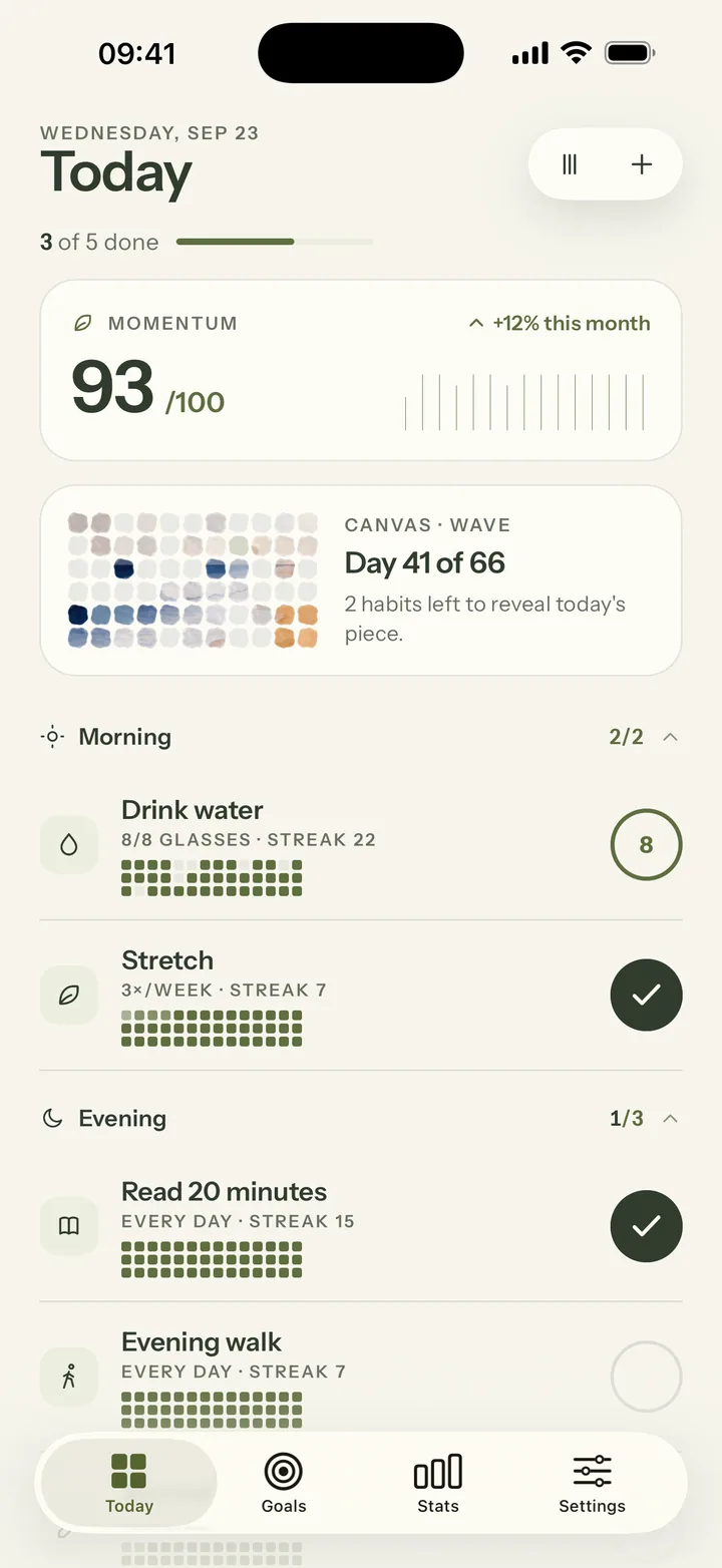 Mosaik Today screen with a canvas on day 41 of 66 and morning habits checked off